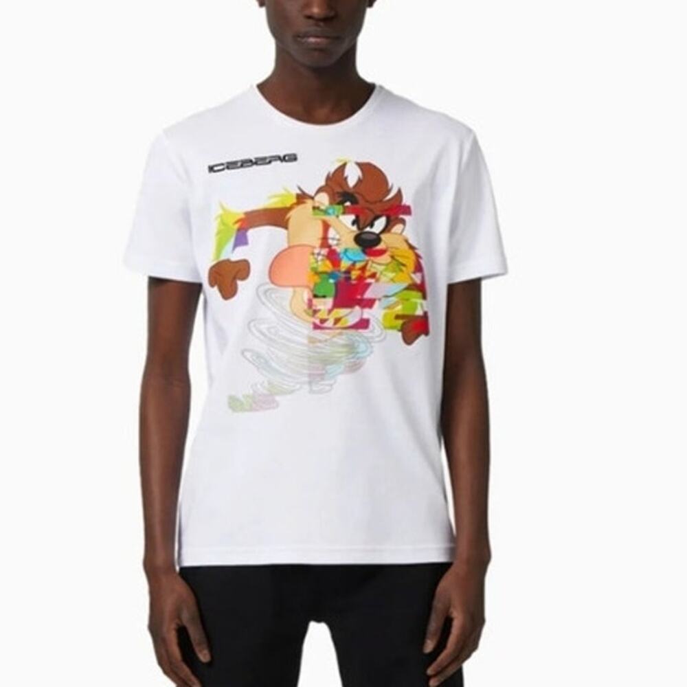 Iceberg Men's SZ L Tasmanian Devil Graphic Tee Luxury Embroidered Cotton White